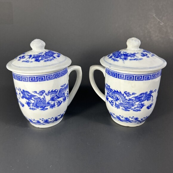 undefined Other - Vintage Chinese Jingdezhen Zhi Blue & White Dragon Lidded Porcelain Mug